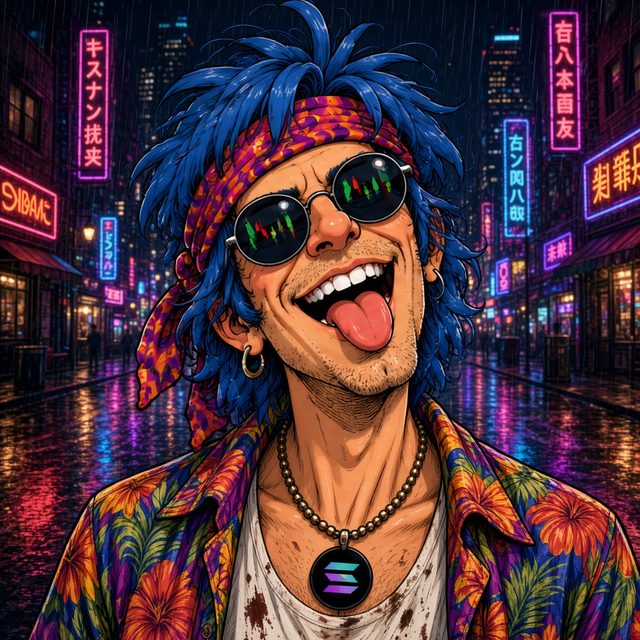 Degen Dave on a rainy neon street