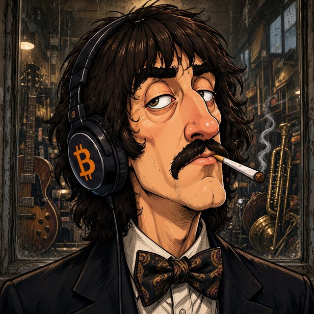 Hodl Harry in a thrift-store tuxedo at a pawn shop