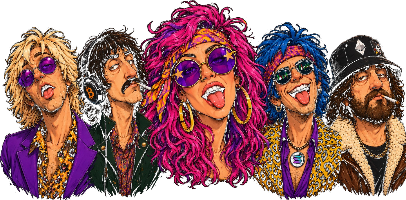 The five Crytles: Lenny Leverage, Hodl Harry, Maybe Mia, Degen Dave and Gas Fee Gary